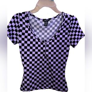 Rue 21 checkered purple and black button down shirt.